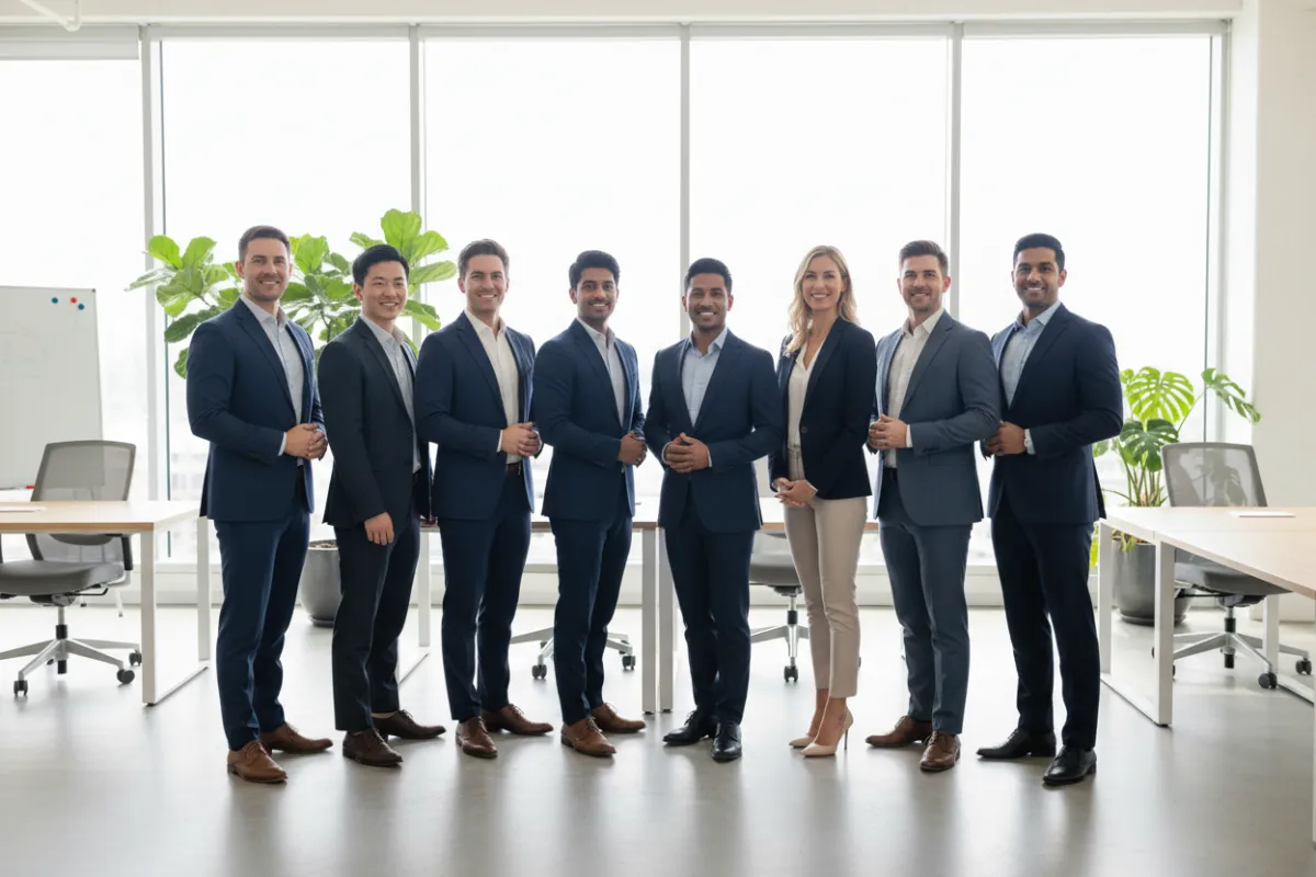 A diverse team of consultants stands together in a bright office, smiling and ready to assist. The group includes men and women of various ages and backgrounds, dressed professionally. The workspace features large windows, plants, and a welcoming atmosphere.