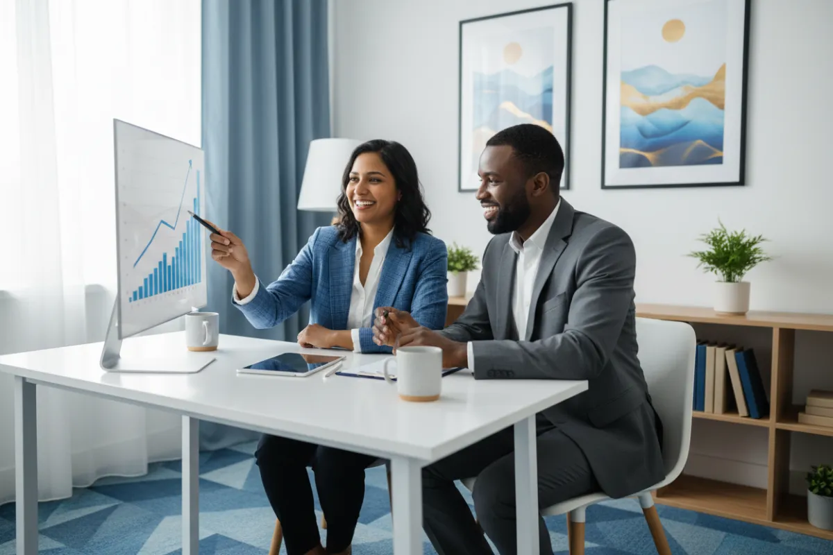 A confident small business owner sits at a modern desk, reviewing growth charts with a professional consultant. The office is bright, with blue accents and motivational posters, conveying optimism and expertise. Both individuals are engaged and smiling, representing diverse backgrounds.