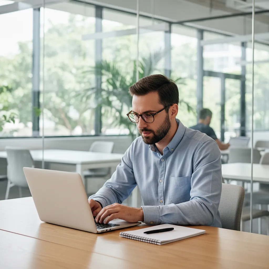 A young man with glasses and a close-cropped beard, dressed in a light blue shirt, sits at a laptop in a collaborative office. He is focused and engaged, with a notepad beside him. The setting is modern, with glass walls and greenery visible.