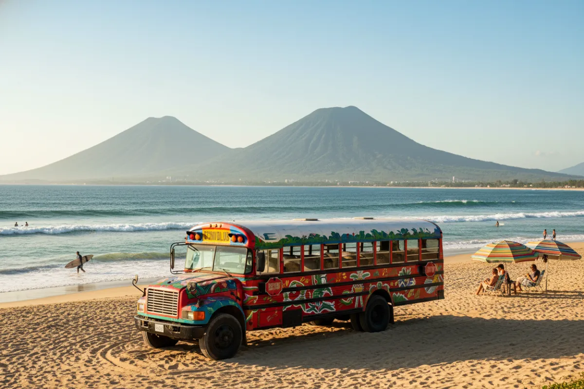 A vibrant, sunlit Salvadoran beach with turquoise water, a colorful local bus parked on the sand, and distant volcanoes under a clear sky. The scene is lively, modern, and welcoming, evoking adventure and warmth.