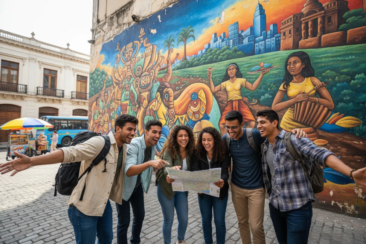A diverse group of young travelers, including Salvadorans and foreigners, sharing a map and laughing in front of a mural in San Salvador. The scene is urban, colorful, and energetic, reflecting cultural connection and discovery.