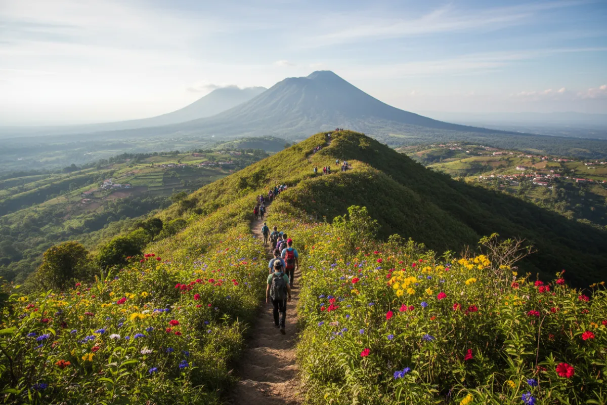 A panoramic view of a lush Salvadoran volcano trail, with hikers ascending, surrounded by wildflowers and distant villages. The sky is bright, and the landscape is rich with color and cultural vibrancy.