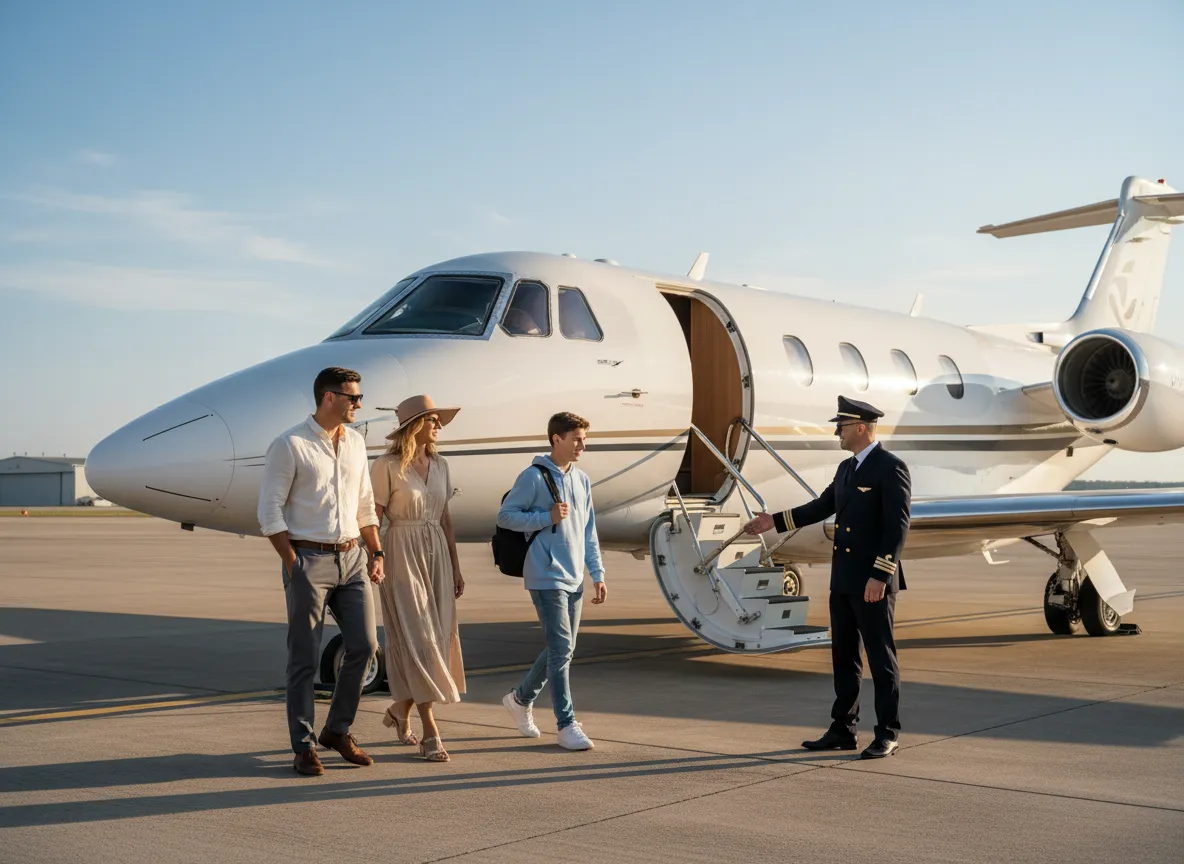 Private jet parked with passengers boarding at sunset