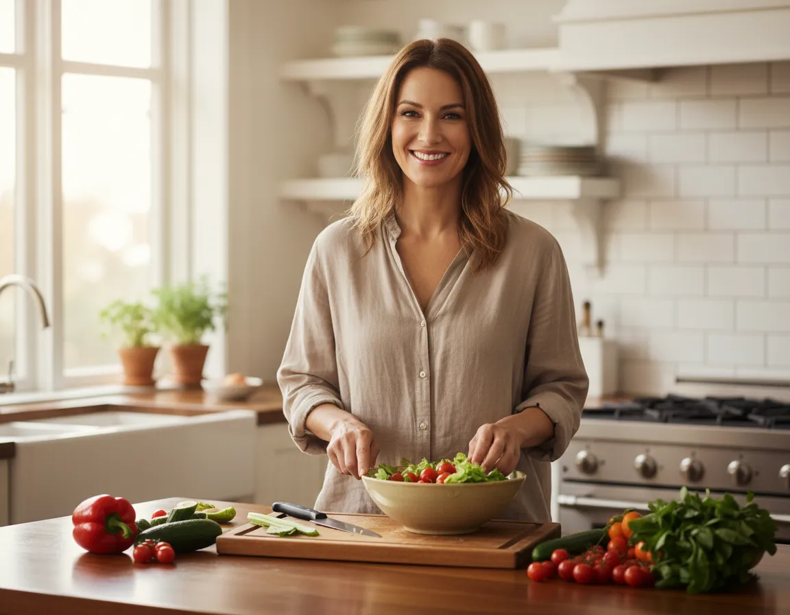 Smiling woman over 40 preparing a healthy meal