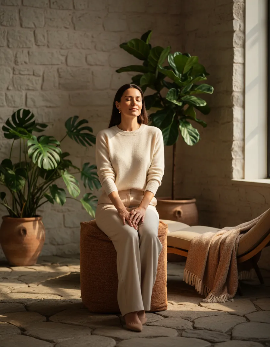 A professional experiencing a moment of calm and clarity, contrasting with overwhelm.