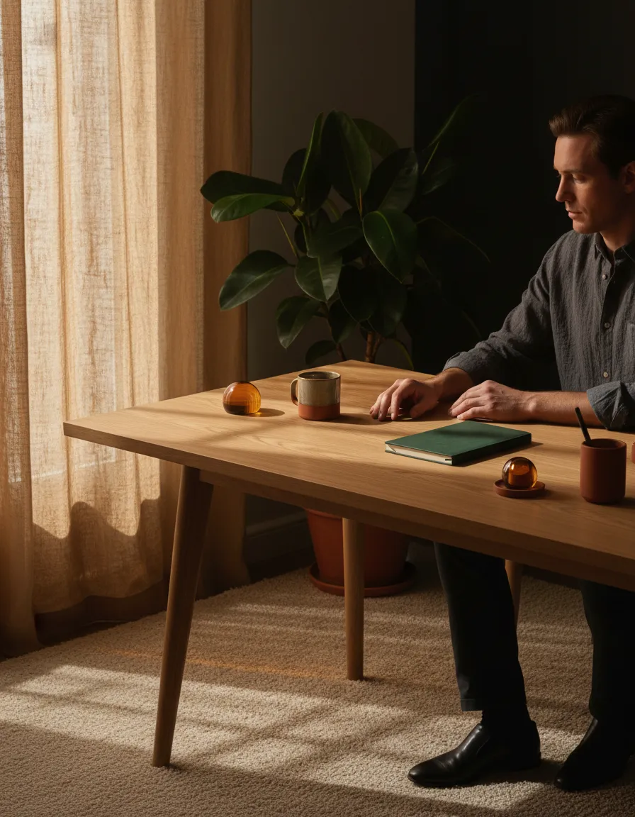 A leader taking confident action in a beautifully lit workspace.