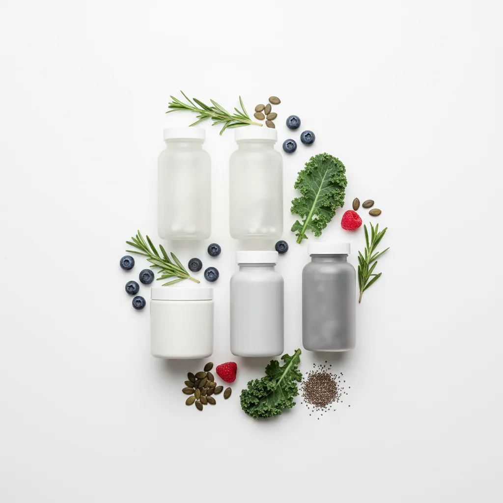 Premium whole-food supplements neatly arranged on a clean surface with fresh ingredients.