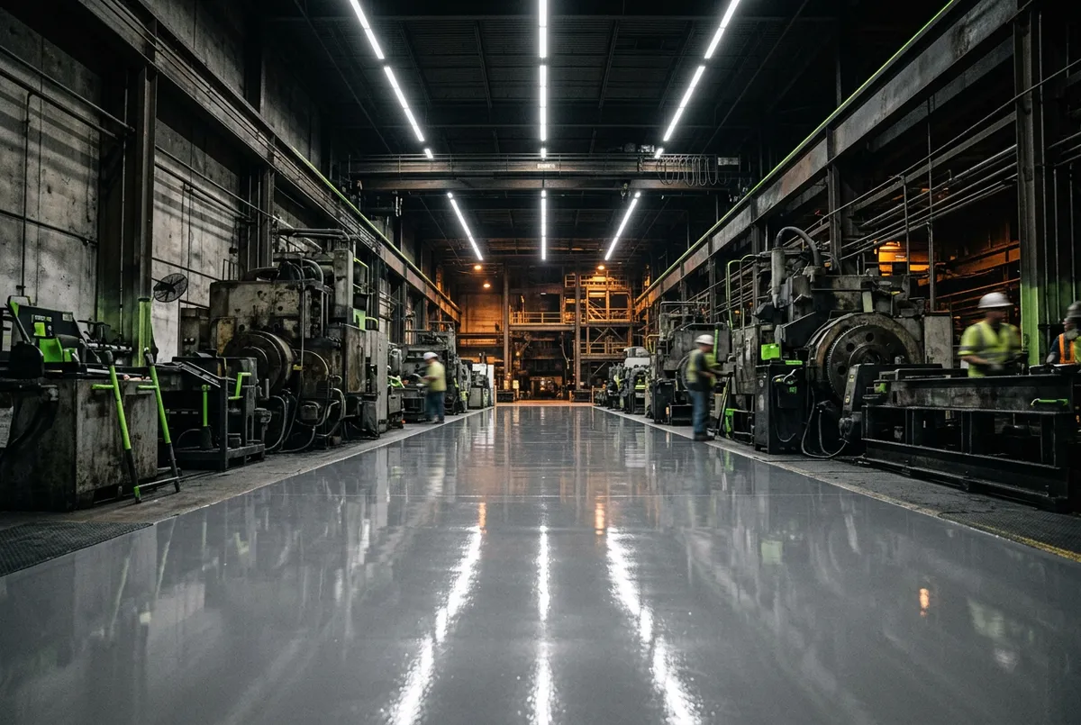 Desaturated industrial stamping plant and automotive repair floor with high-build epoxy coating