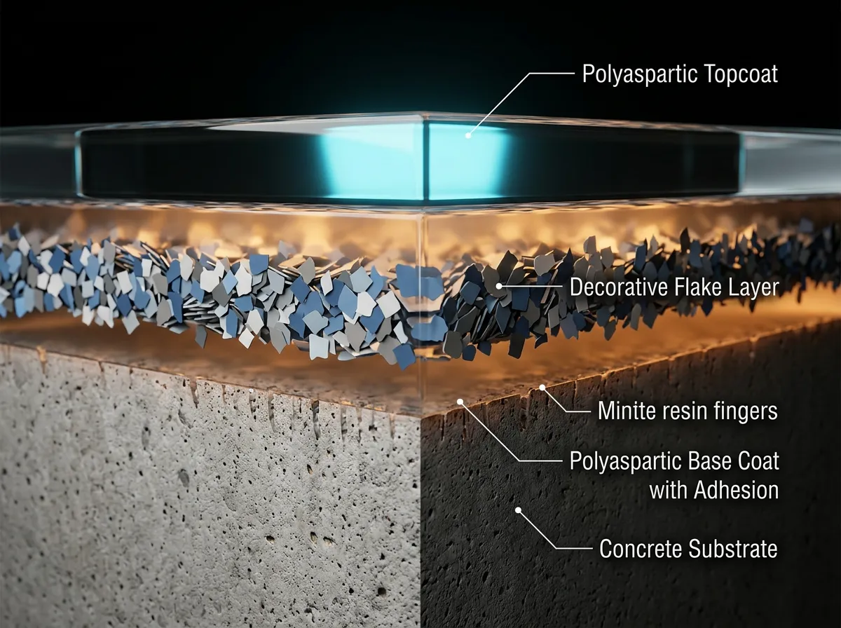 Cross section illustration of multi layer 502 polyaspartic coating bonded deep into concrete