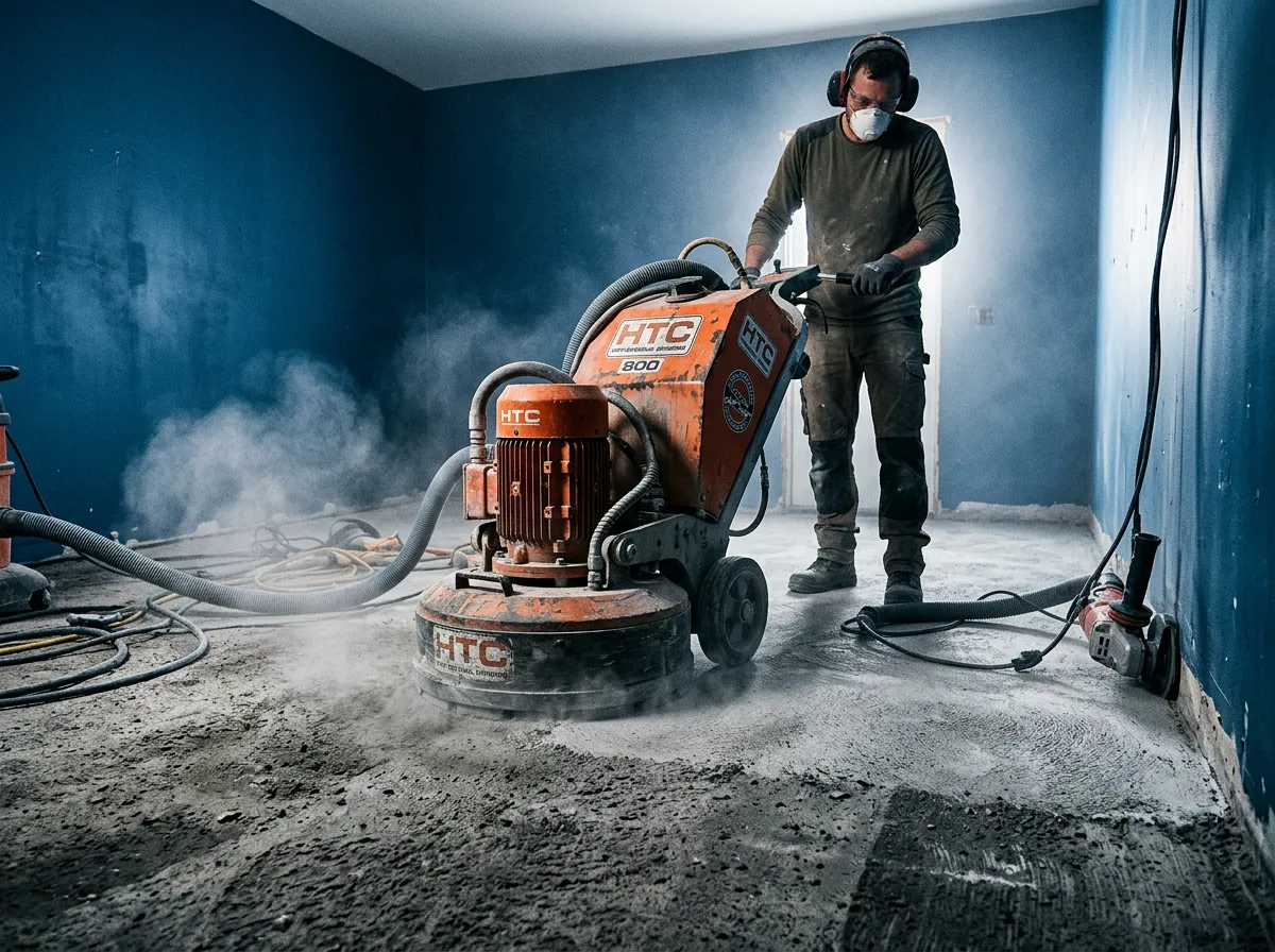 Single car compact garage concrete floor with detailed edge grinding and fresh coating