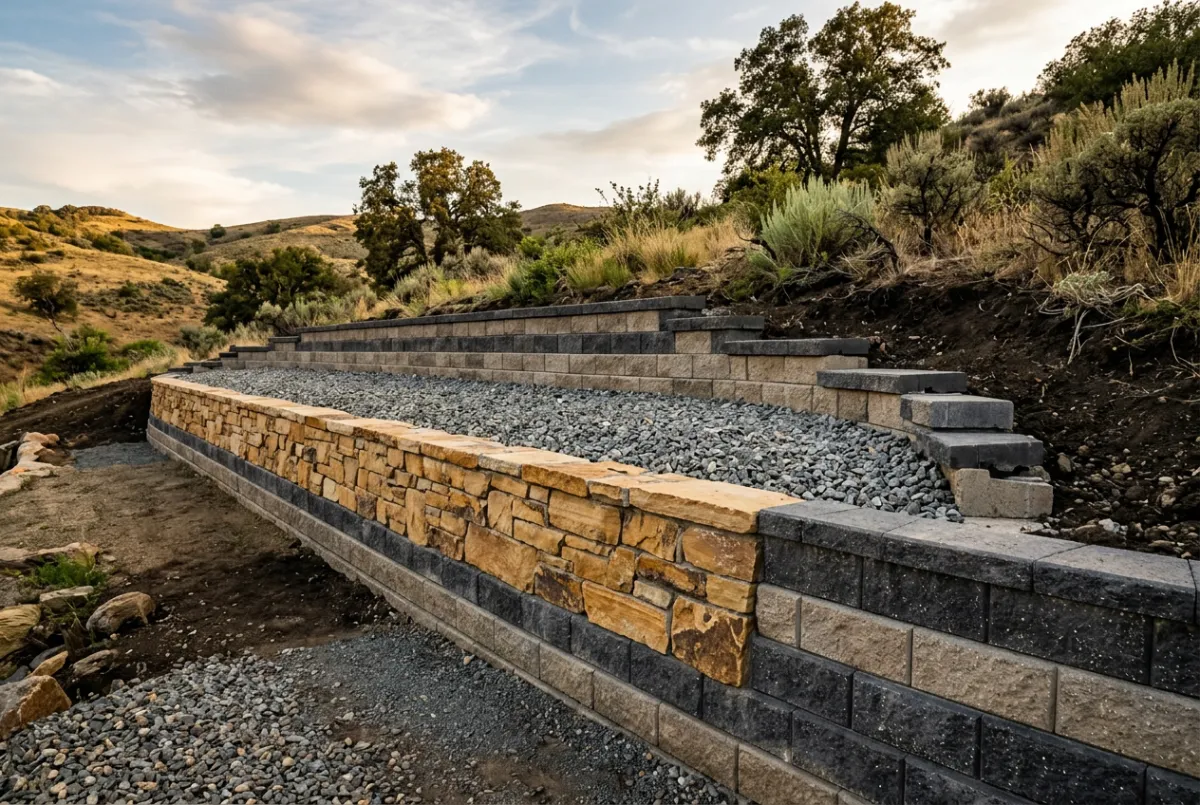 Engineered stone and block retaining wall with drainage gravel backfill