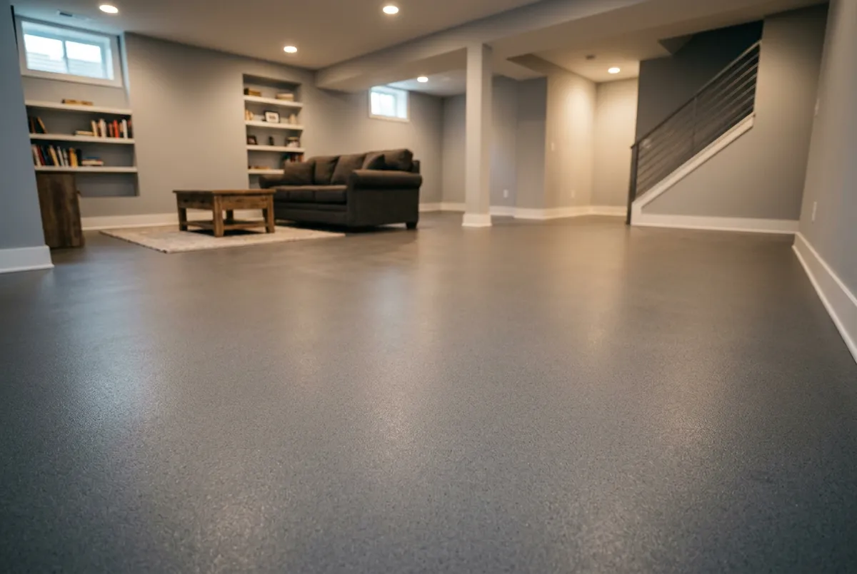 Seamless moisture barrier basement epoxy floor coating in modern finished basement