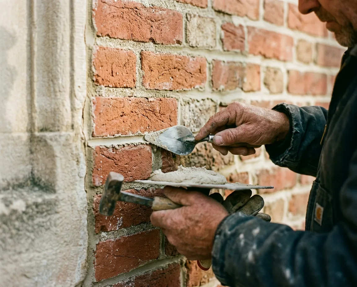 Close up view of historic Federal style brick tuckpointing and heritage limestone lime mortar joints
