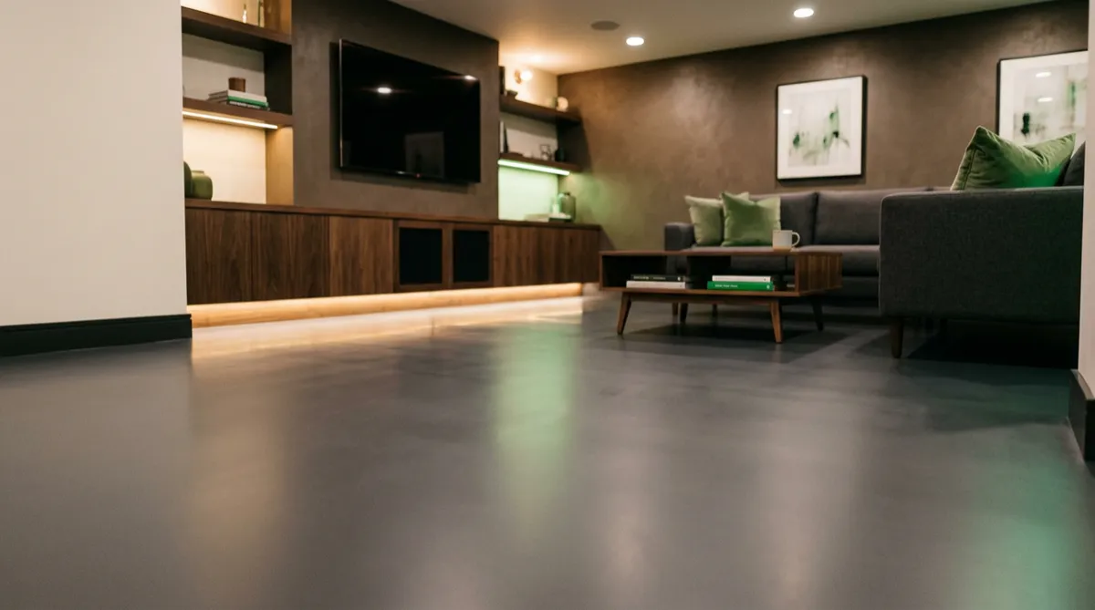 Finished residential basement floor coating with moisture vapor barrier system