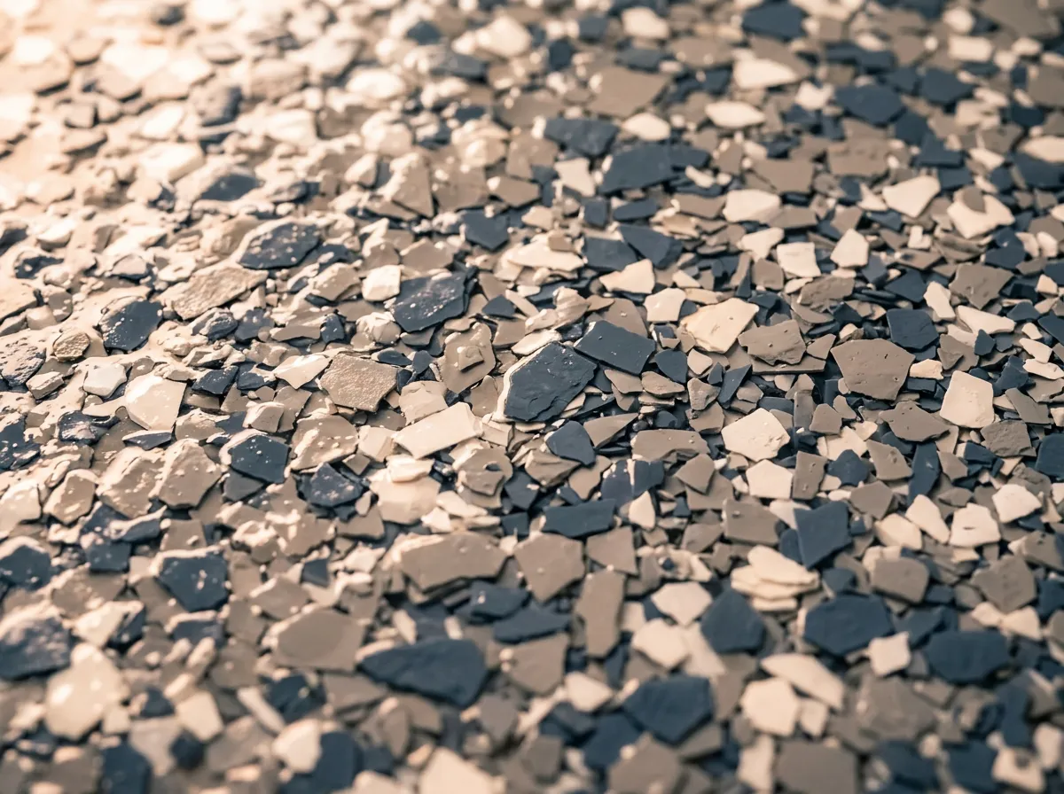 High-definition macro texture of multi-color decorative broadcast vinyl flake encased in clear resin