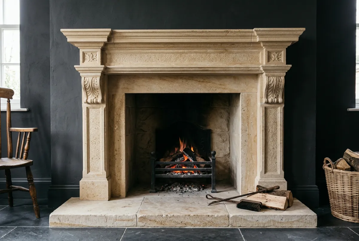 Custom dressed limestone fireplace hearth and carved stone lintel