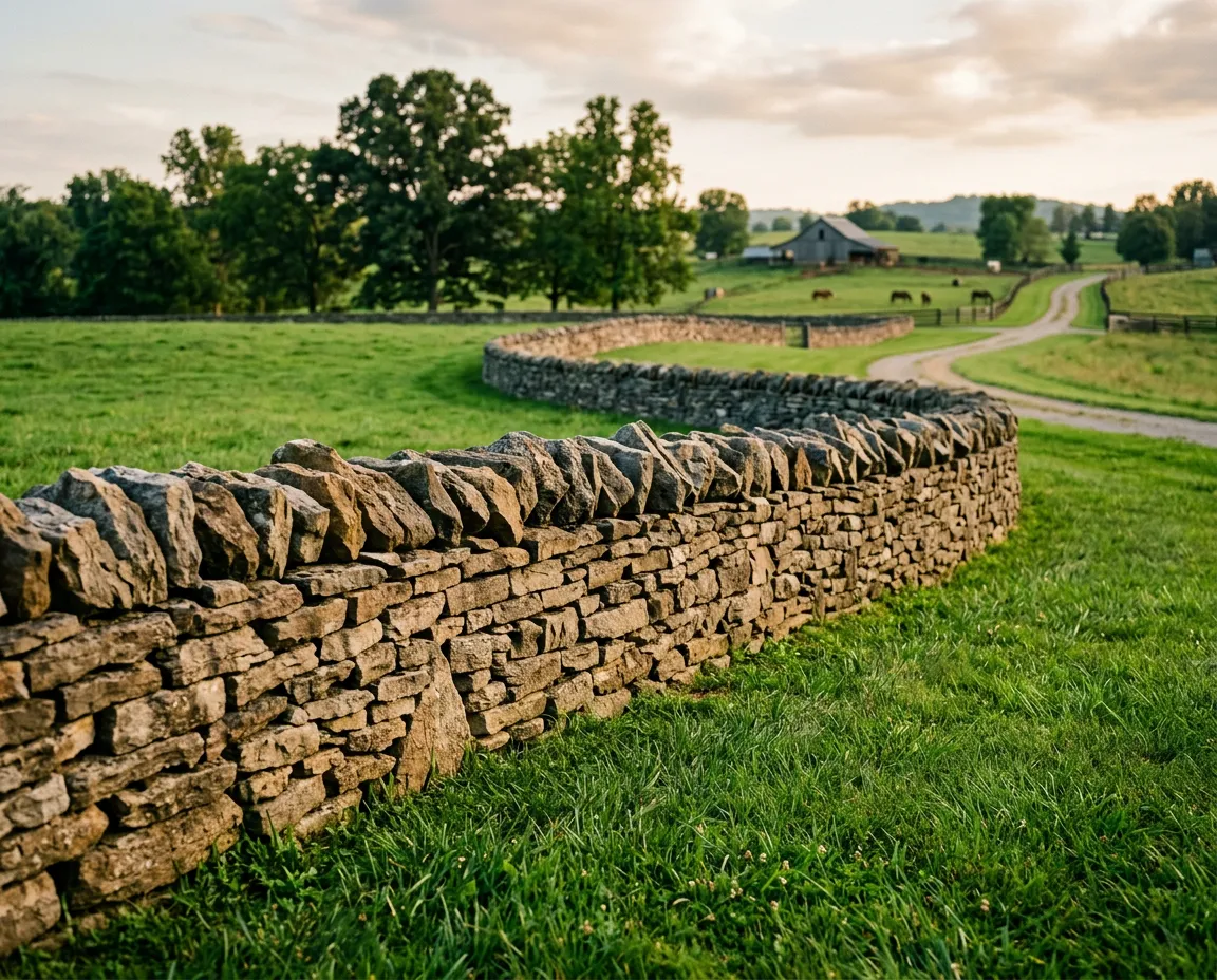 Traditional Kentucky dry stacked limestone rock fence crafted without mortar across rolling Bluegrass hills