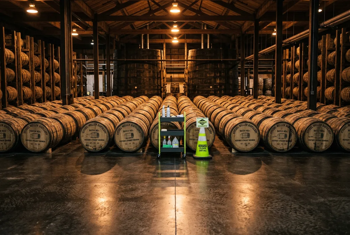 Desaturated industrial Kentucky distillery floor with stainless washdown vats and urethane cement topping