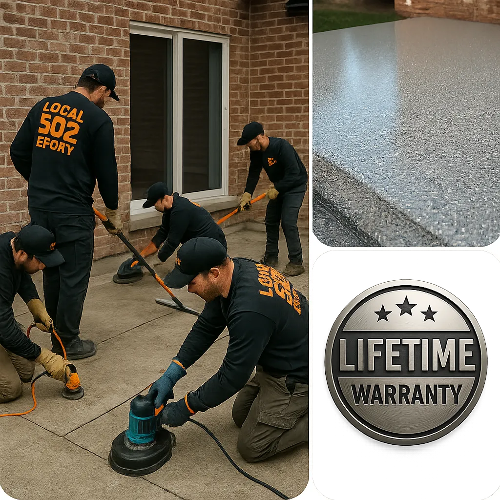 Composite showcase of 502 Epoxy local Louisville crew, finished outdoor concrete patio, and lifetime warranty guarantee badge