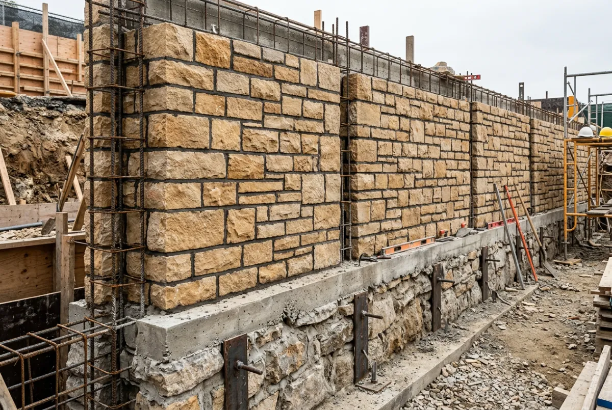 Reinforced stone foundation and multi-decade structural masonry installation