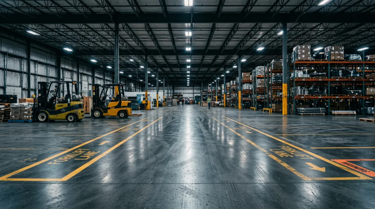 Industrial warehouse commercial epoxy coating with forklift traffic lanes