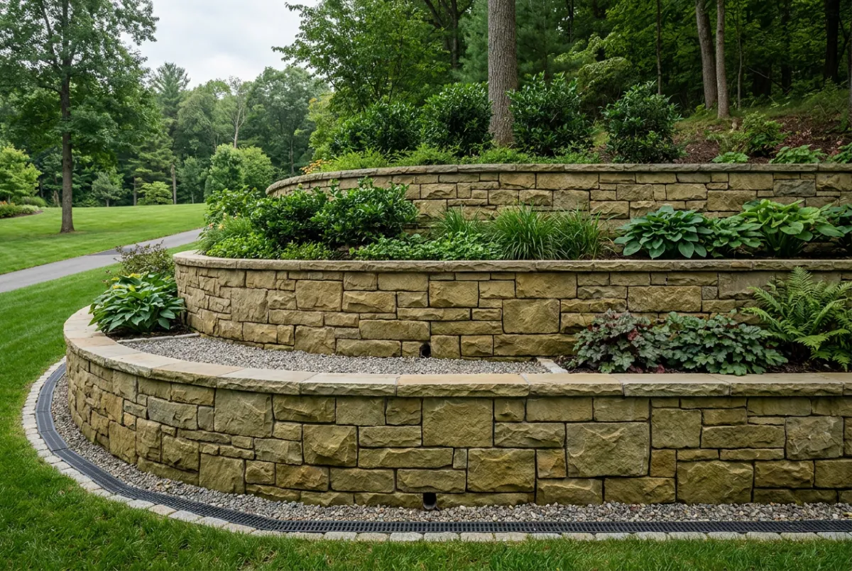 Engineered multi-tiered stone retaining wall with integrated drainage channels in Floyds Knobs