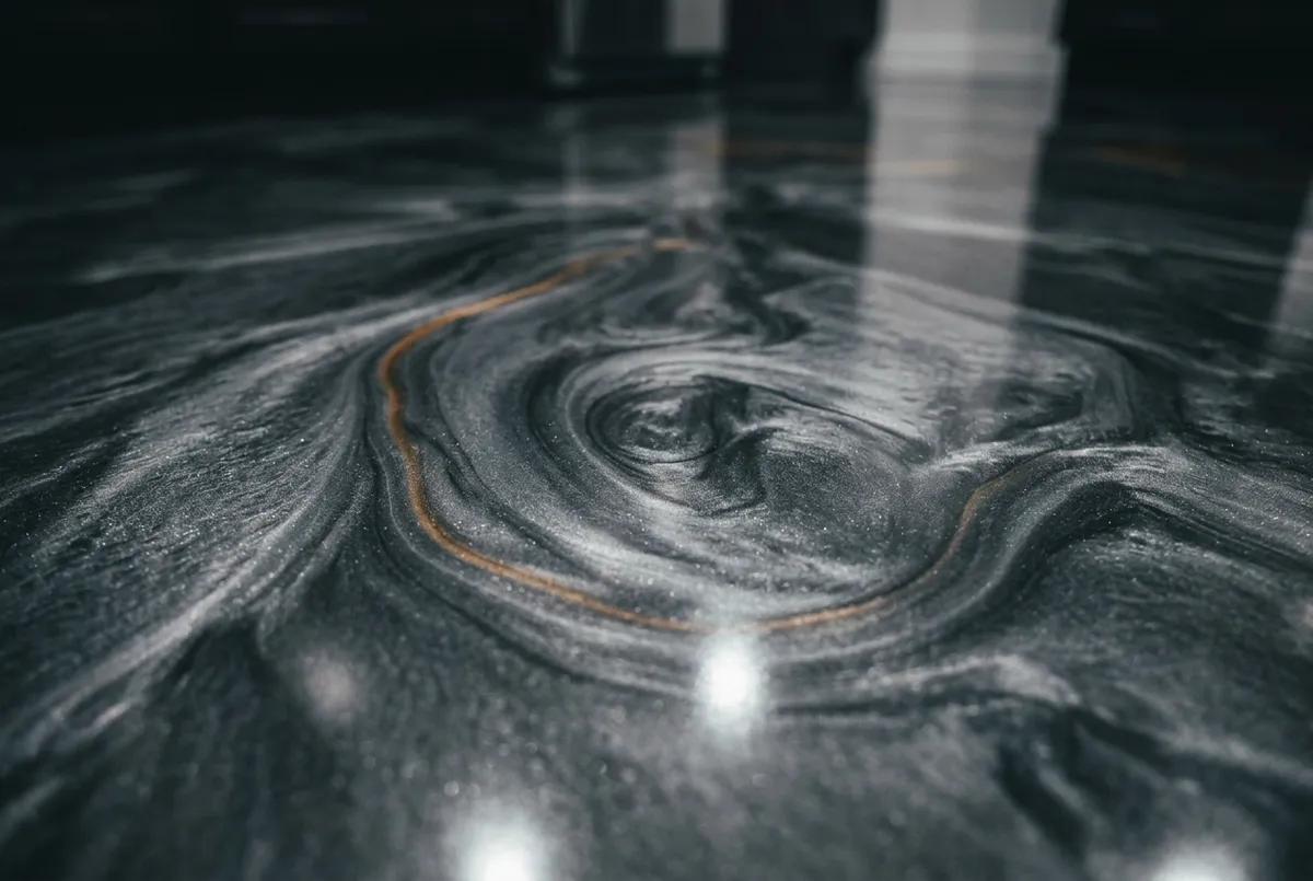 Luxurious metallic epoxy flooring showing three-dimensional organic flow and high-gloss reflections