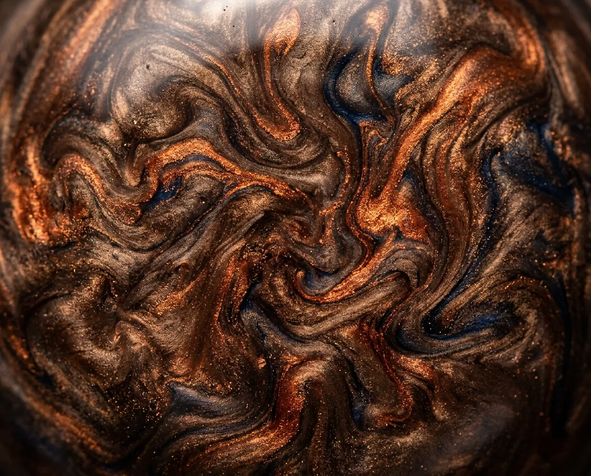 Macro high-resolution texture of Bronze and Brown metallic epoxy pour with warm copper and espresso veins
