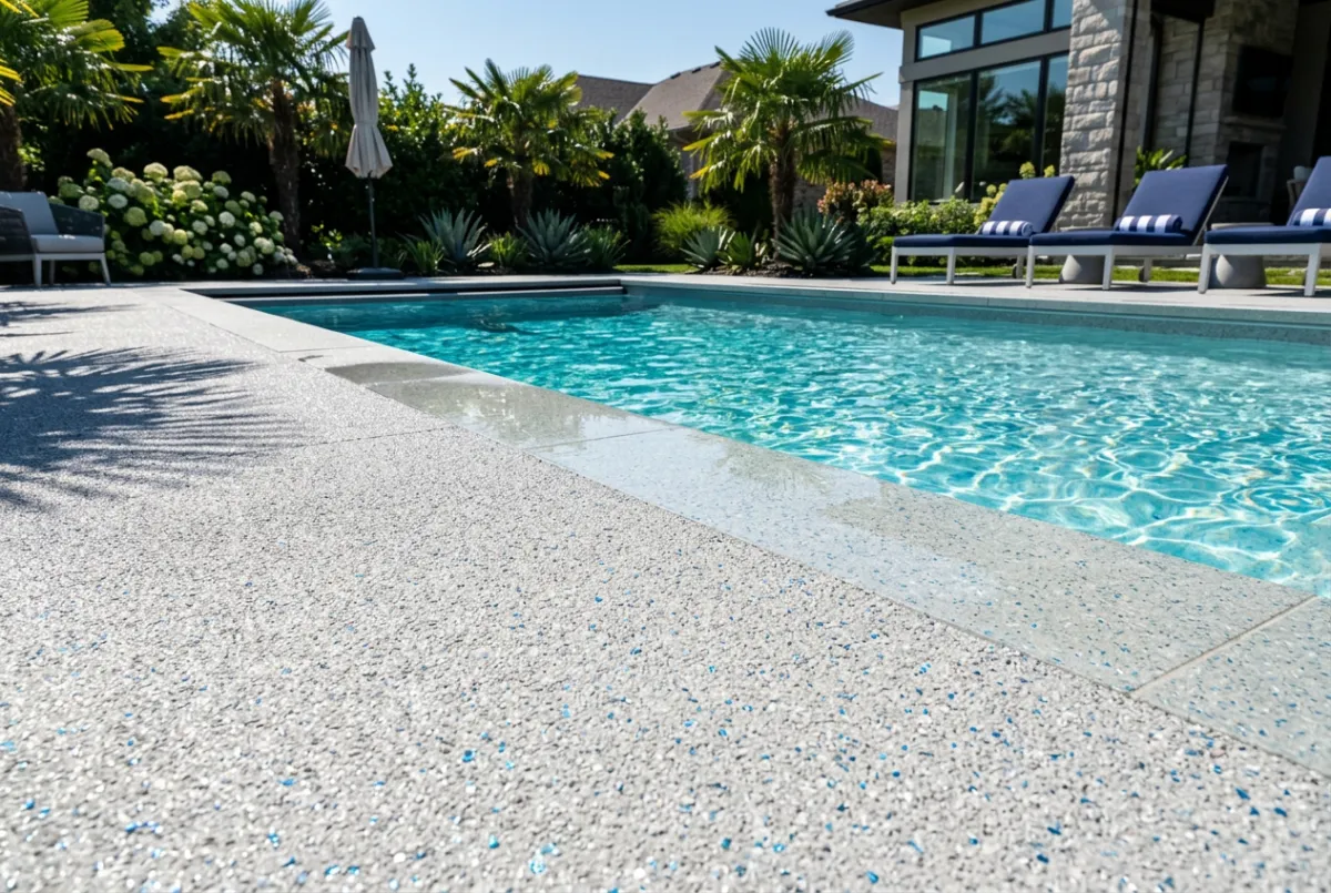 Anti-slip pool deck coating with sky blue broadcast flakes