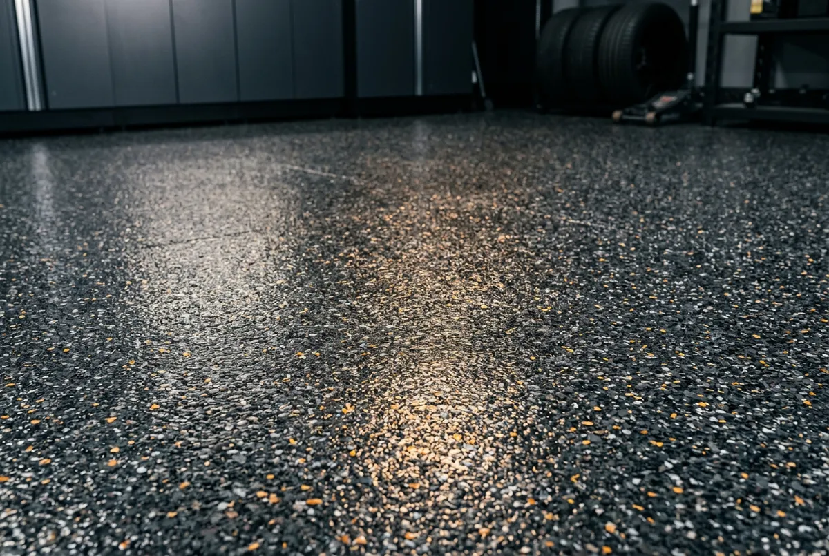 Polyaspartic garage floor coating with full decorative flake broadcast in Louisville home