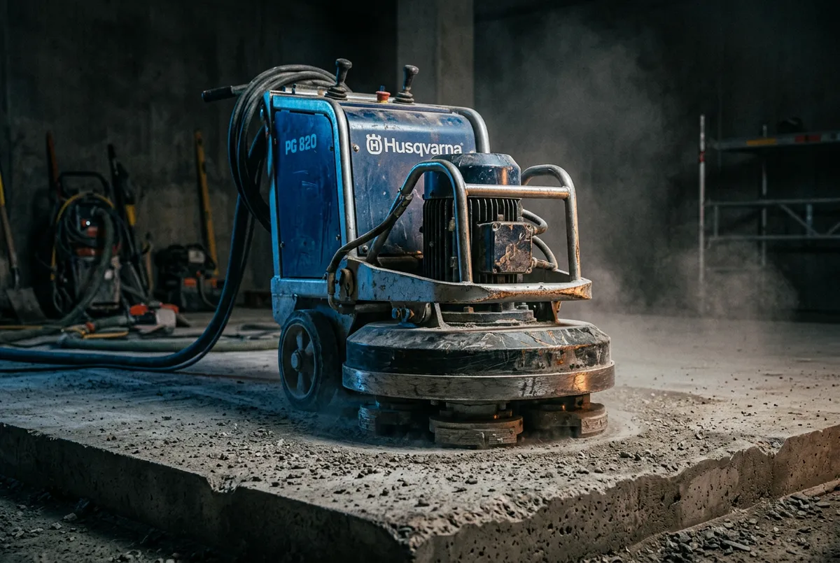 Heavy industrial planetary diamond grinder preparing concrete substrate to CSP-3 profile with HEPA dust containment