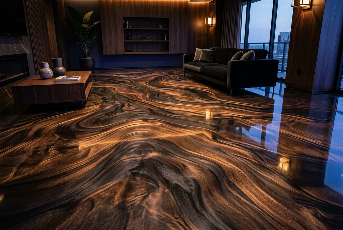 Custom metallic marbleized epoxy floor installation with fluid patterns
