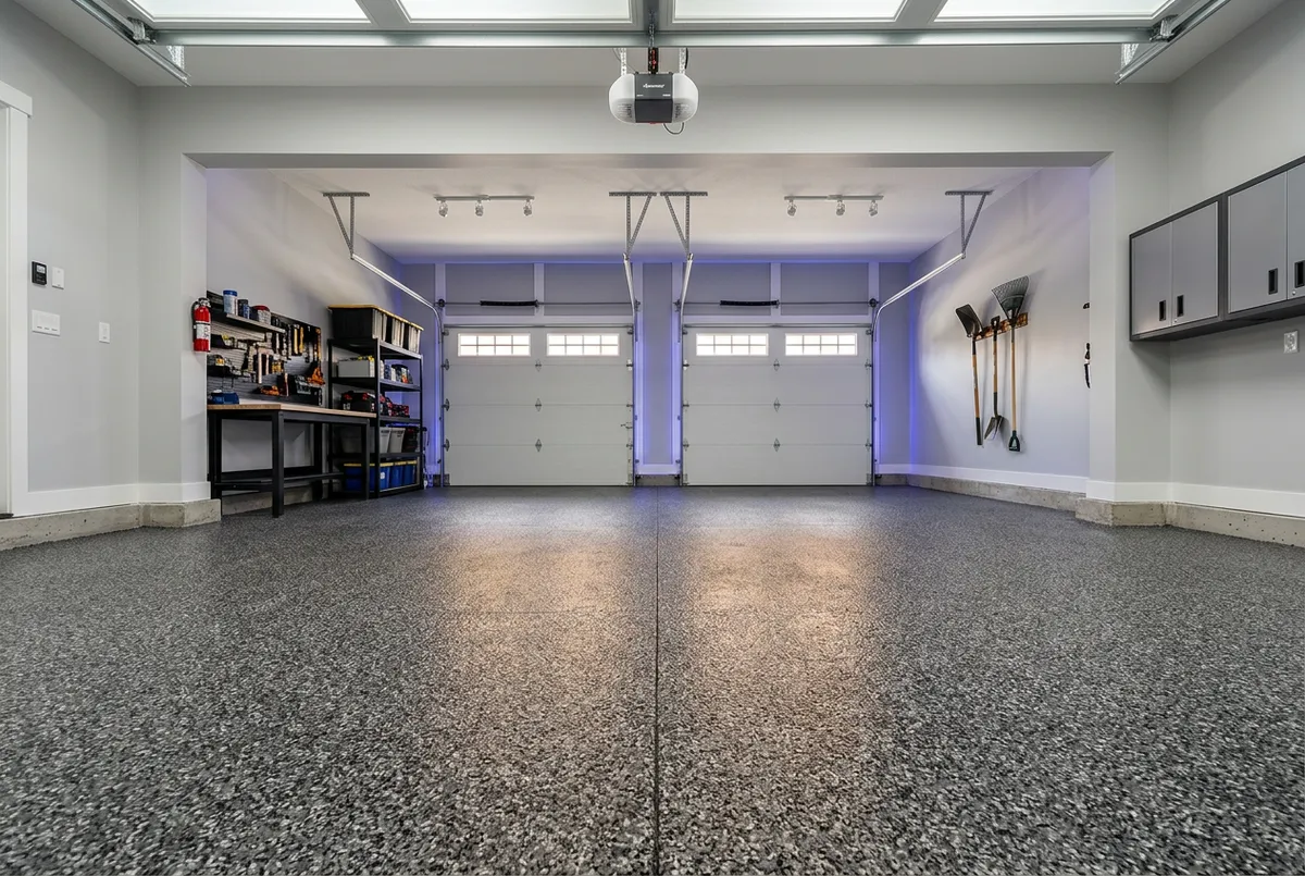 Flake epoxy garage flooring system installed in Louisville residence