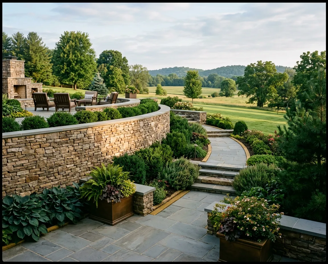 Luxury tiered natural stone retaining wall and custom bluestone patio overlooking sloped Floyds Knobs estate
