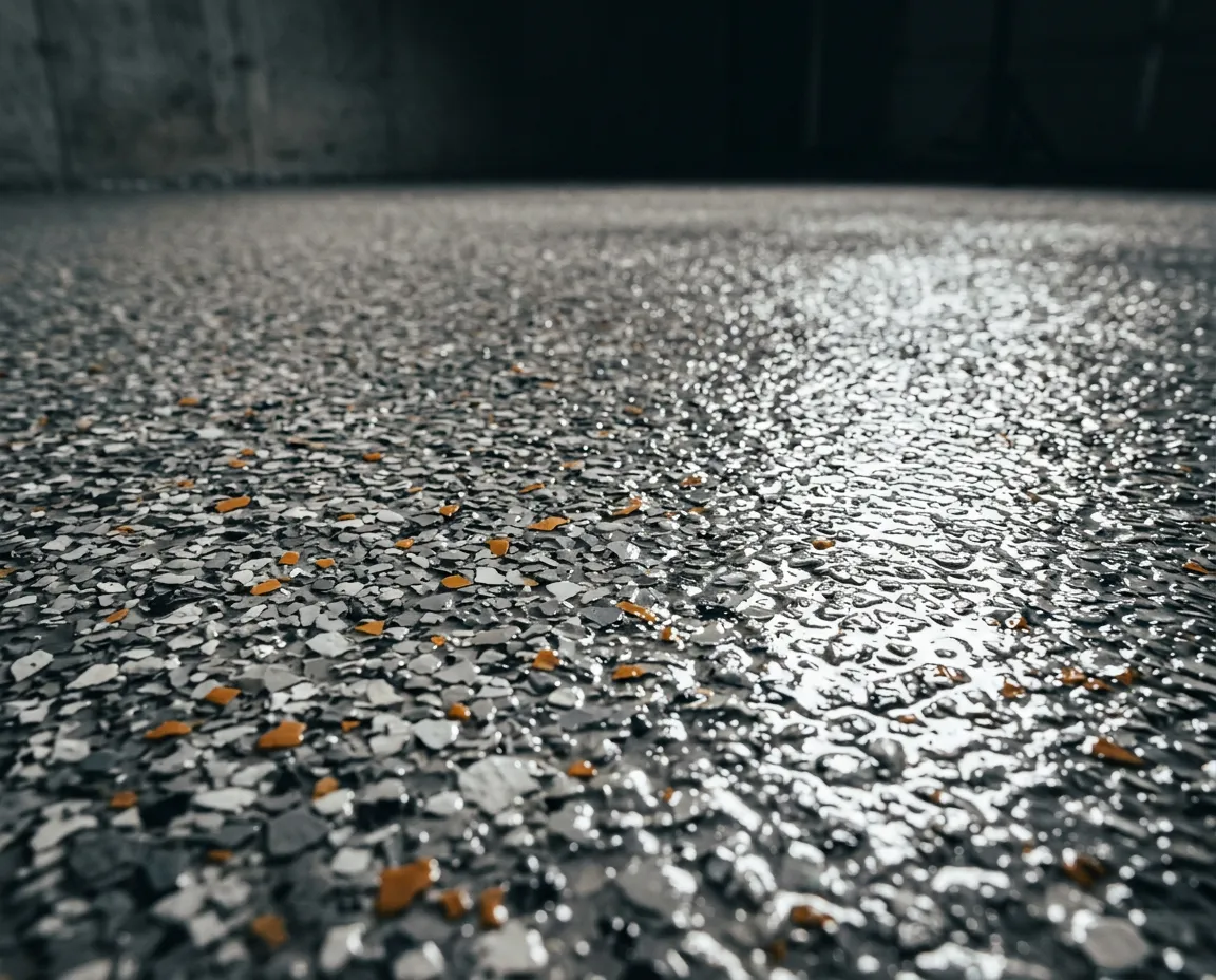 Close-up application of clear protective polyaspartic topcoat roll-applied over high-density decorative color flake floor system