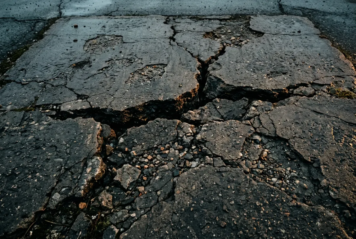 Severely cracked concrete patio slab from winter freeze thaw cycles in KY
