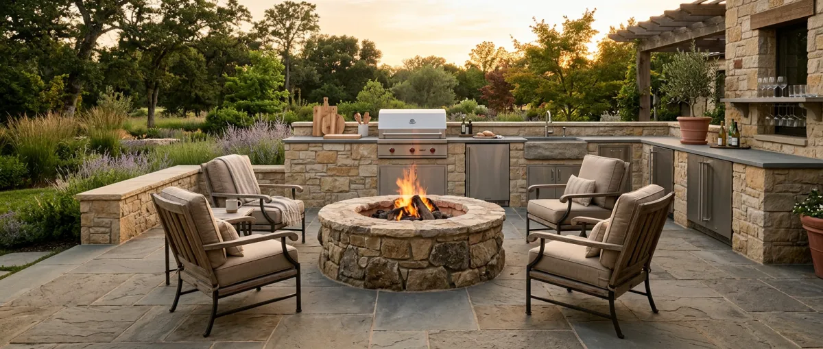 Flagstone outdoor kitchen patio with integrated natural stone fire pit