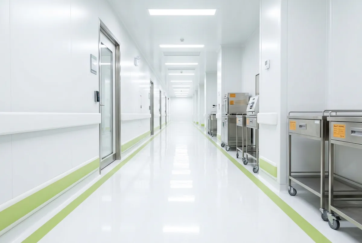 Desaturated pharmaceutical laboratory corridor with sterile seamless coved polyaspartic flooring