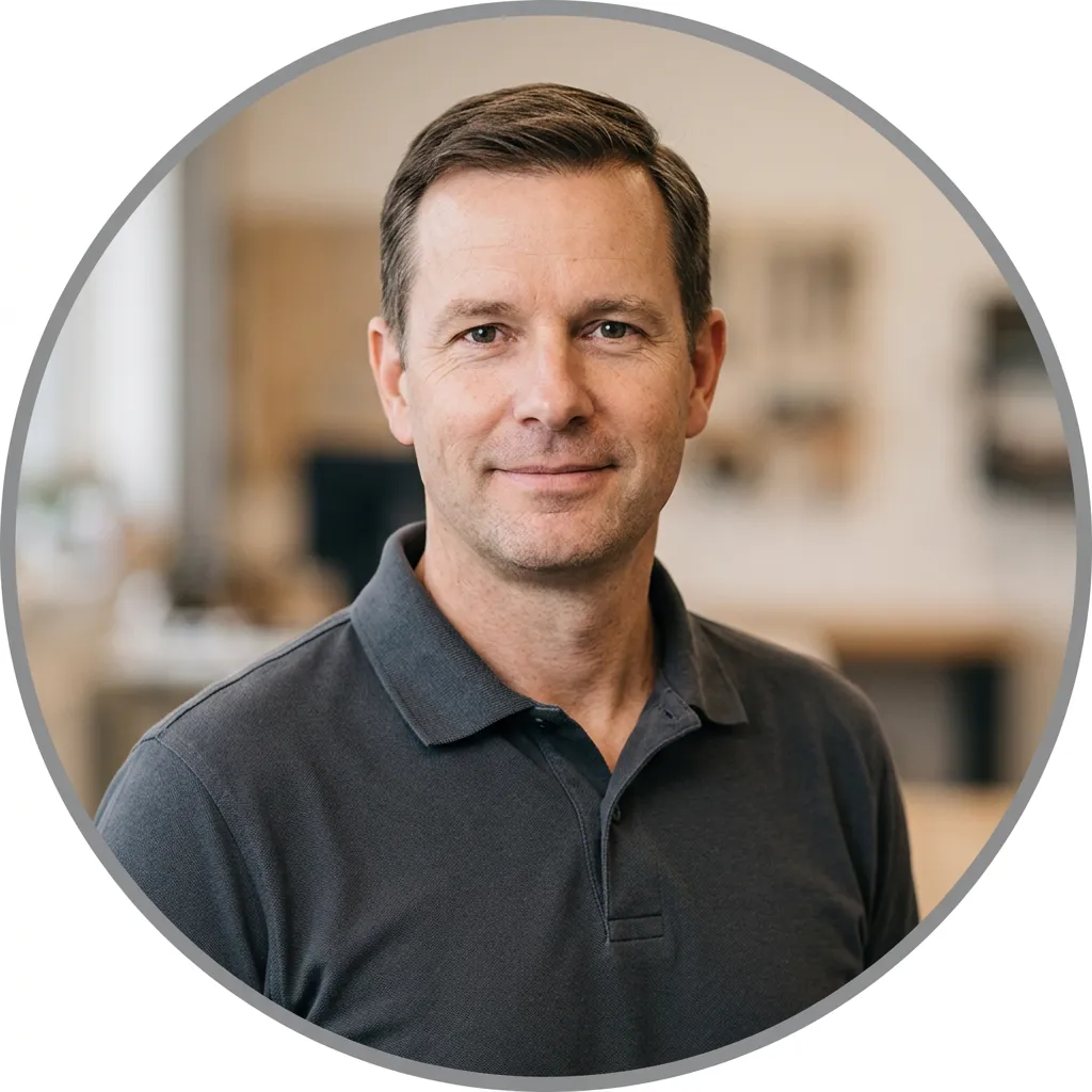 Small circular portrait photo of a man in a dark polo shirt