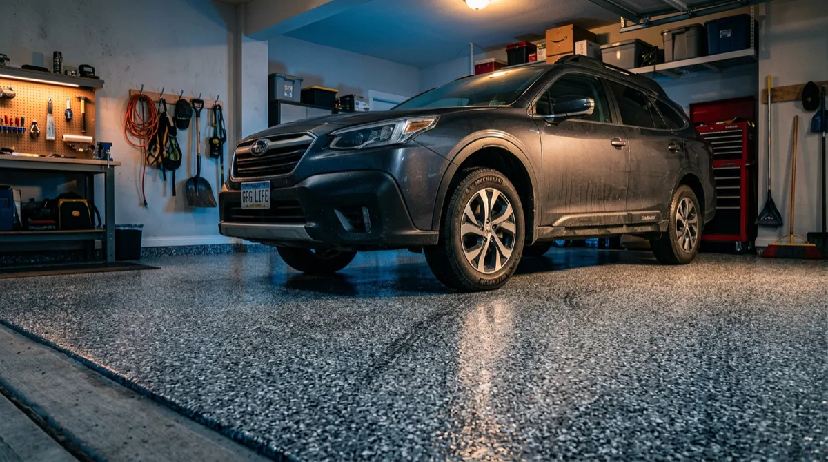 Automotive residential garage coated with multi-layer polyaspartic and flake epoxy floor