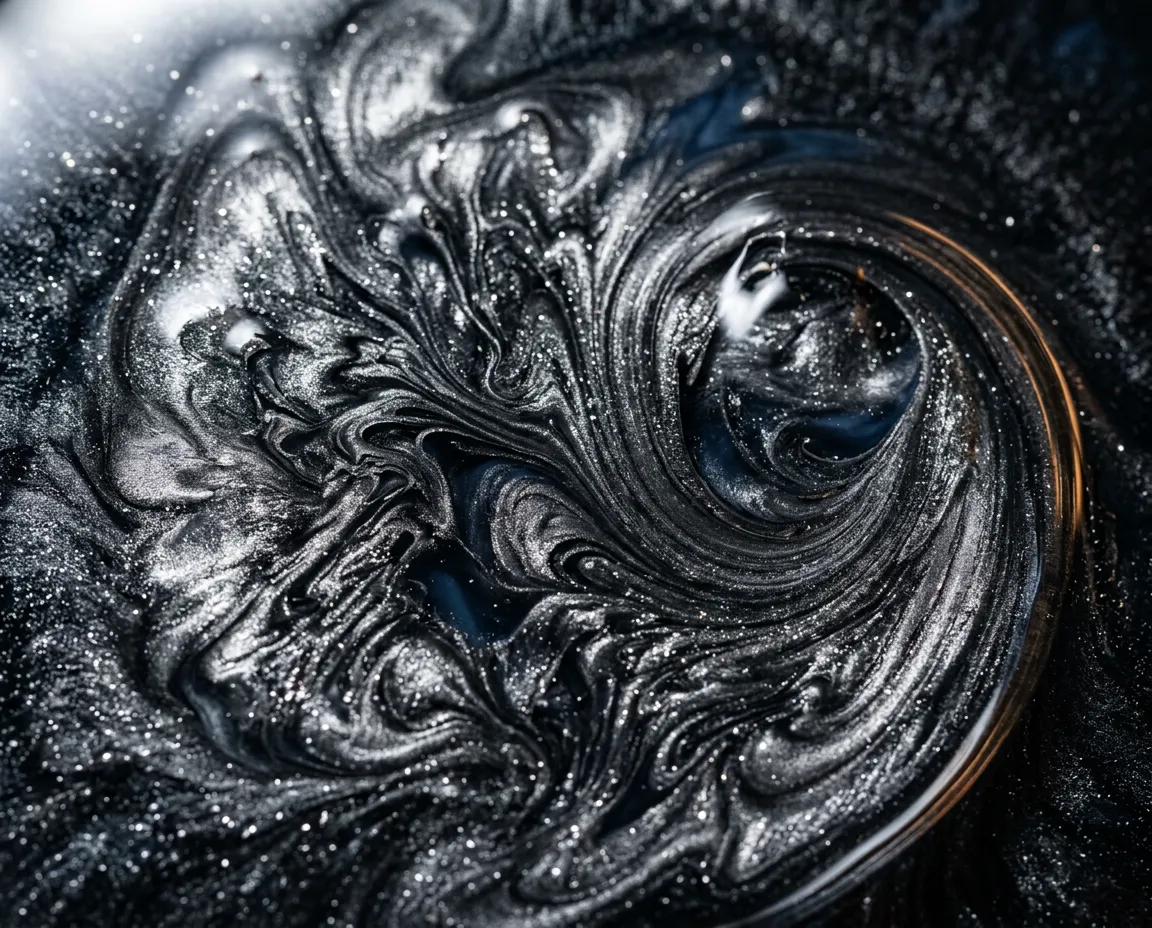 Macro high-resolution texture of Charcoal and Silver metallic epoxy pour with reflective mica swirls