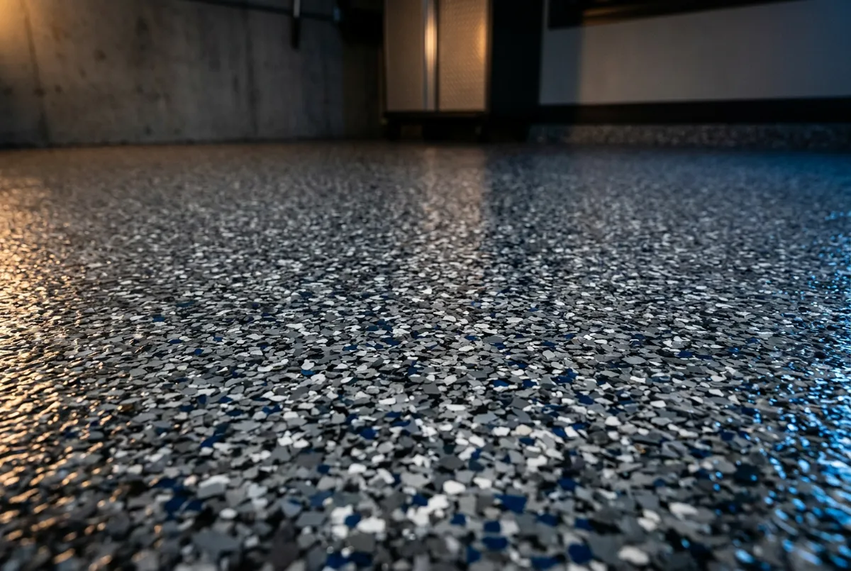 Decorative vinyl flake broadcast floor coating texture with clear protective coat