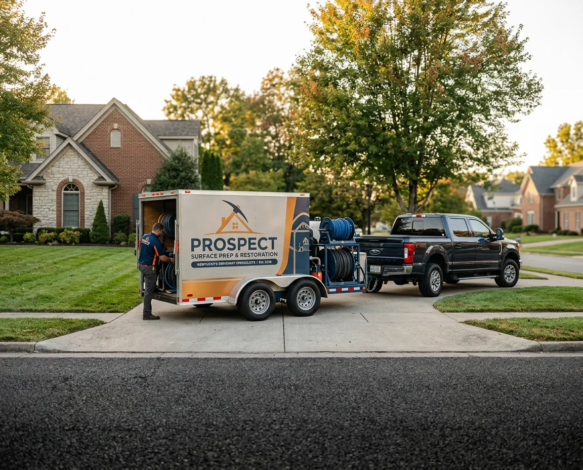 Louisville Floor Coatings branded fleet trailer and precision surface preparation rig parked on site in a residential driveway in Prospect, KY