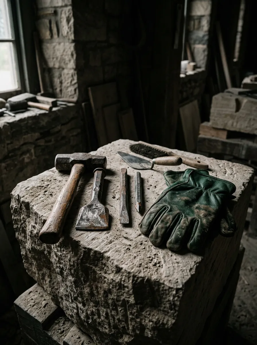 Traditional stone masonry chisels, hammer, and levels resting on rough-hewn Kentucky limestone blocks
