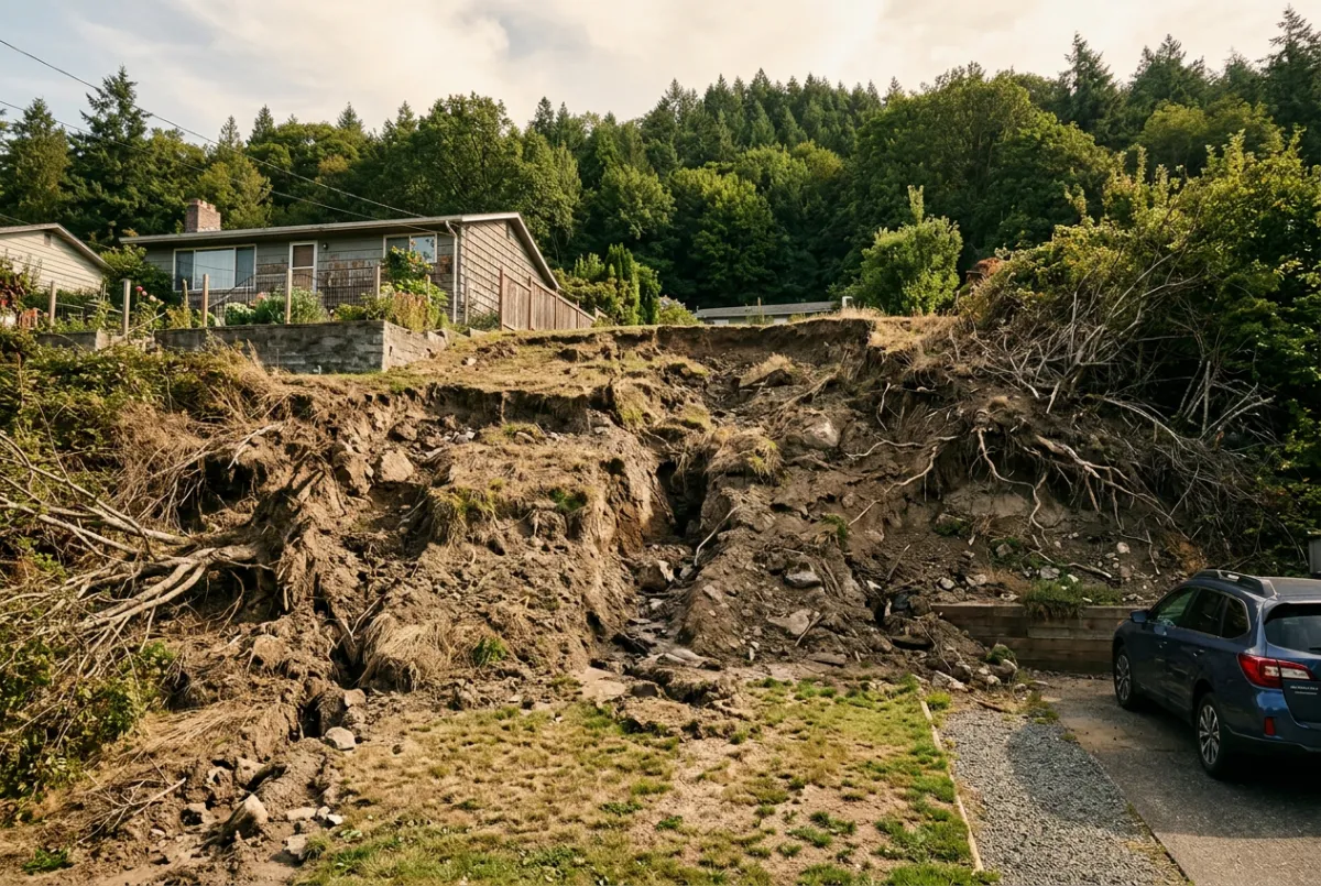 Severely eroded residential hillside lawn before drainage and retaining wall installation