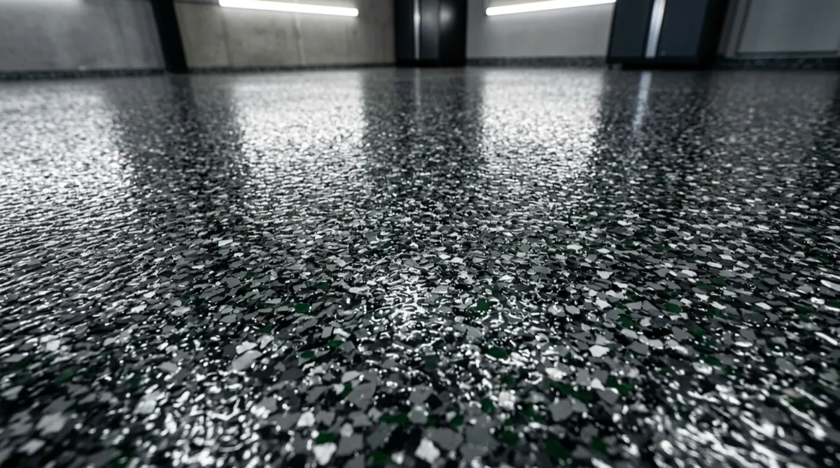 High-gloss polyaspartic garage floor coating with full broadcast flake finish