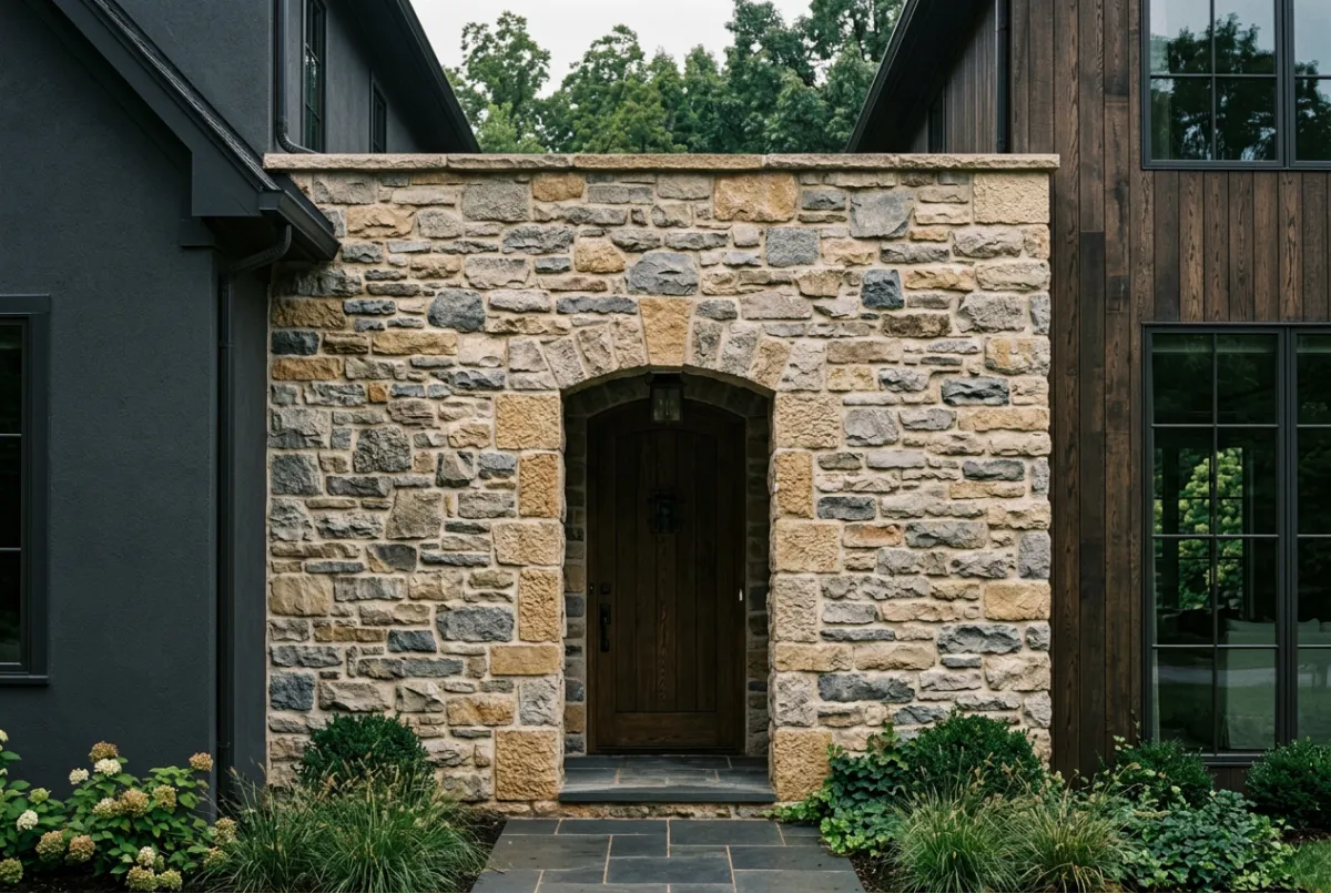 Custom natural limestone and fieldstone masonry installation