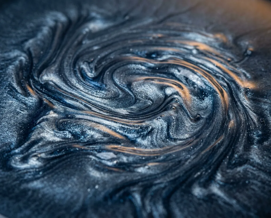 Macro high-resolution texture of Blue and Silver metallic epoxy pour with luminous 3D ripples