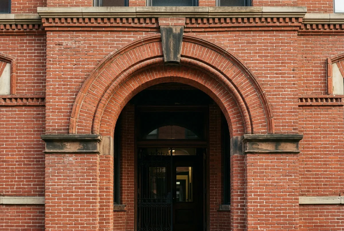 Restored historic Louisville red clay brick facade and archway