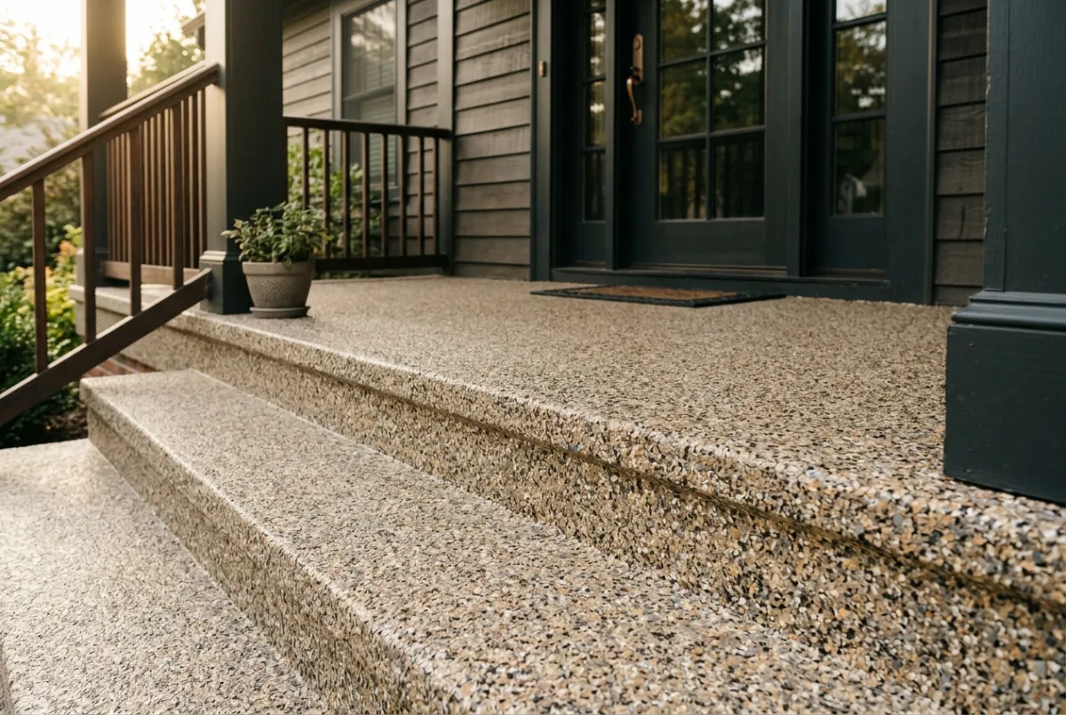 Front porch concrete coating with clean finished edge and stone flake blend